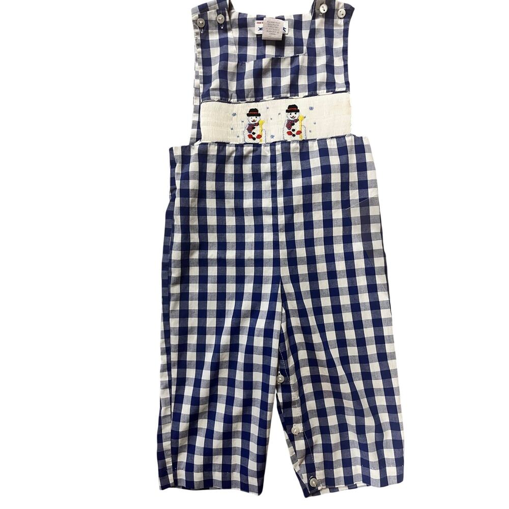Silly Goose 18M Blue Gingham Hand-Smocked Snowman Overa